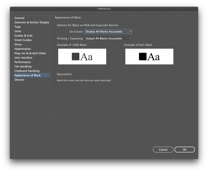 Appearance of Black asetukset Adobe Illustratorissa