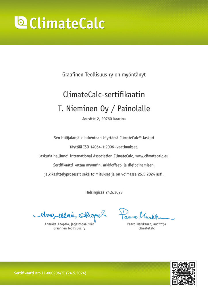 Painotalo Painolan ClimateCalc sertifikaatti